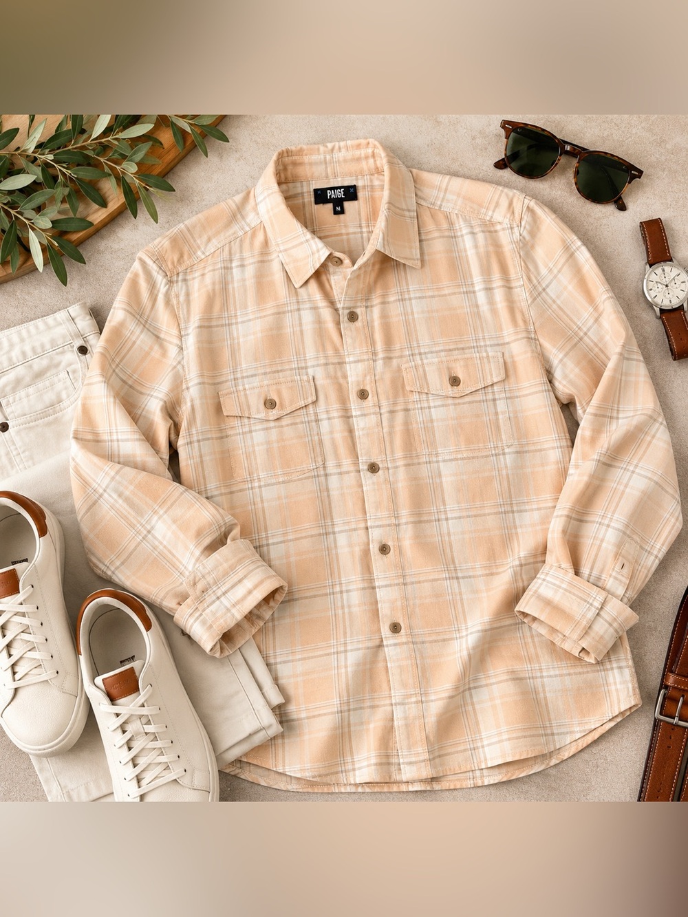 PAIGE Men’s Medium Plaid Button Down Shirt Iced Peach Cotton Viscose
